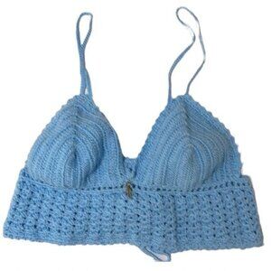 Handmade Light Blue Crocheted Bralette Adjustable Strap and lace up Festival M